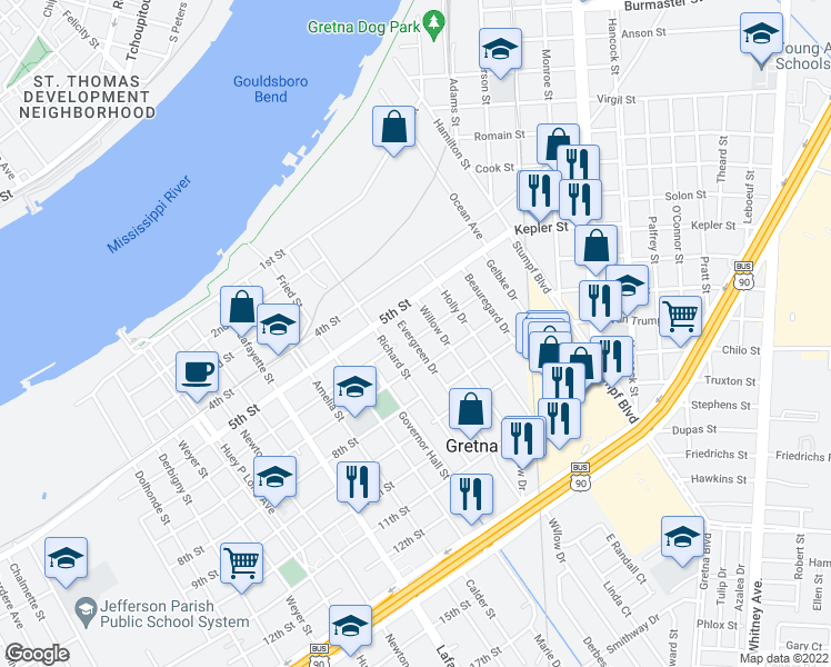 map of restaurants, bars, coffee shops, grocery stores, and more near 525 Evergreen Drive in Gretna