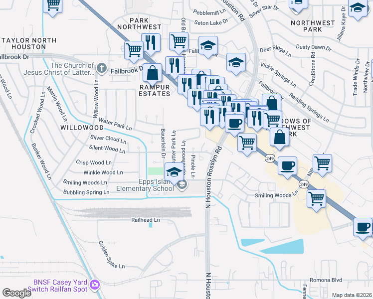 map of restaurants, bars, coffee shops, grocery stores, and more near 9534 Spiralwood Lane in Houston