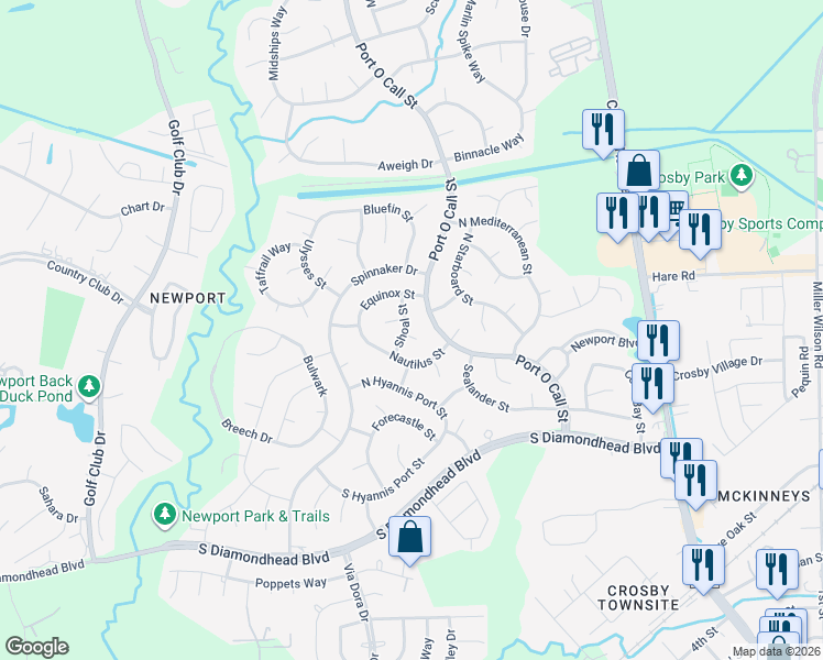 map of restaurants, bars, coffee shops, grocery stores, and more near 706 Shoal Court in Crosby