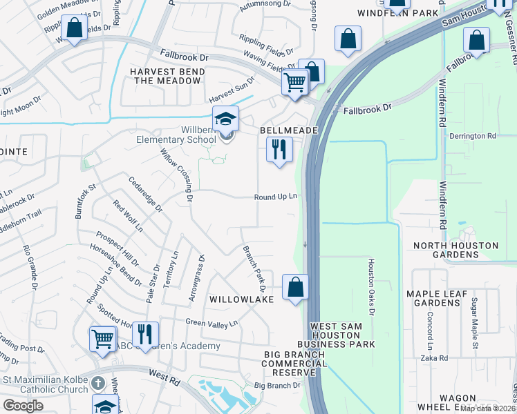map of restaurants, bars, coffee shops, grocery stores, and more near 10808 Legacy Park Drive in Houston