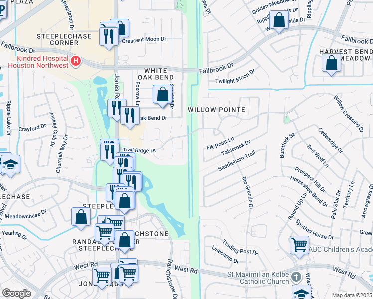 map of restaurants, bars, coffee shops, grocery stores, and more near 10138 Bayou Manor Lane in Houston