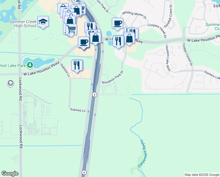 map of restaurants, bars, coffee shops, grocery stores, and more near 13922 Woodson Park Drive in Houston