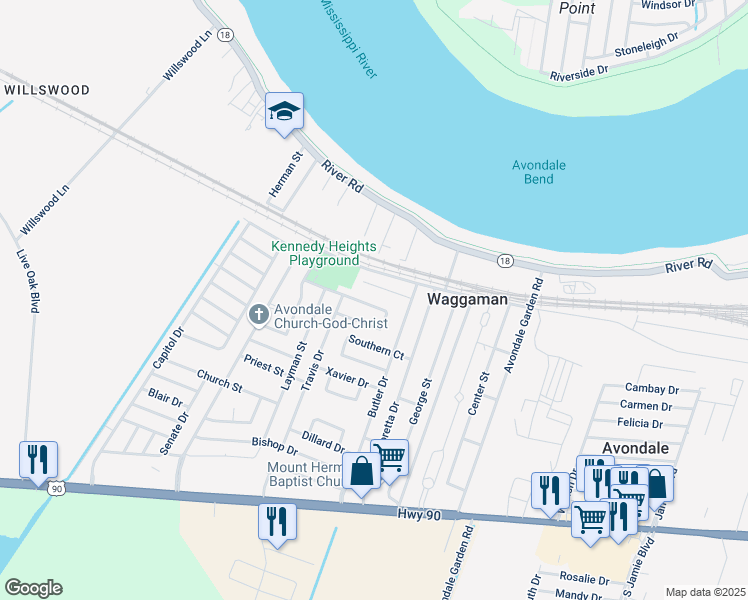 map of restaurants, bars, coffee shops, grocery stores, and more near 128 Deacon Street in Westwego