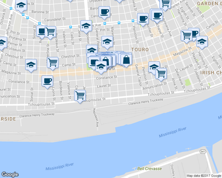 map of restaurants, bars, coffee shops, grocery stores, and more near 4207 Laurel Street in New Orleans