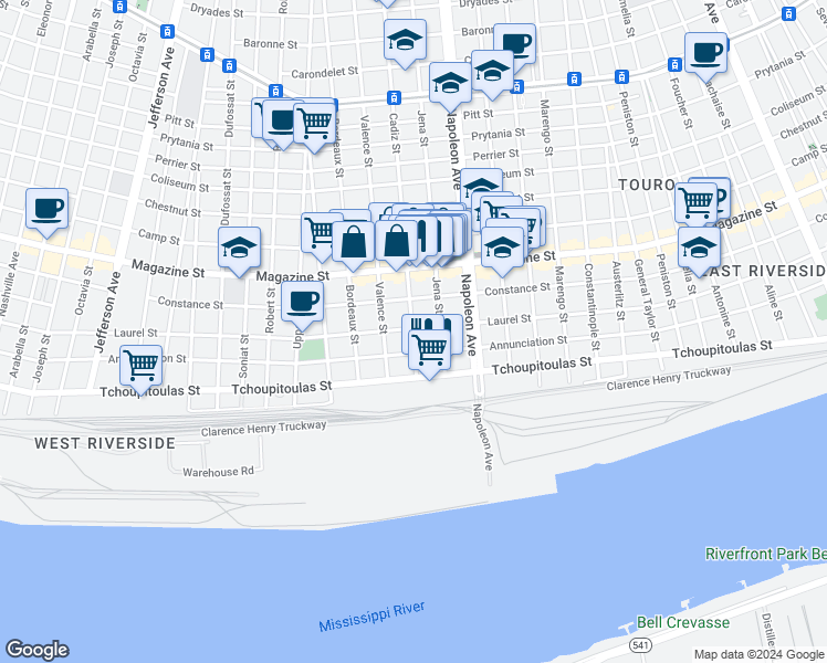 map of restaurants, bars, coffee shops, grocery stores, and more near 709 Cadiz Street in New Orleans