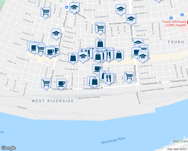 map of restaurants, bars, coffee shops, grocery stores, and more near 735 Upperline Street in New Orleans