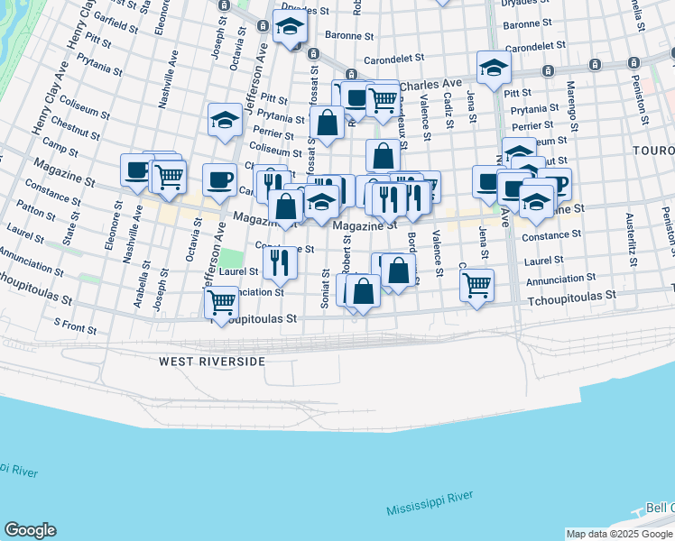 map of restaurants, bars, coffee shops, grocery stores, and more near 5010 Constance Street in New Orleans