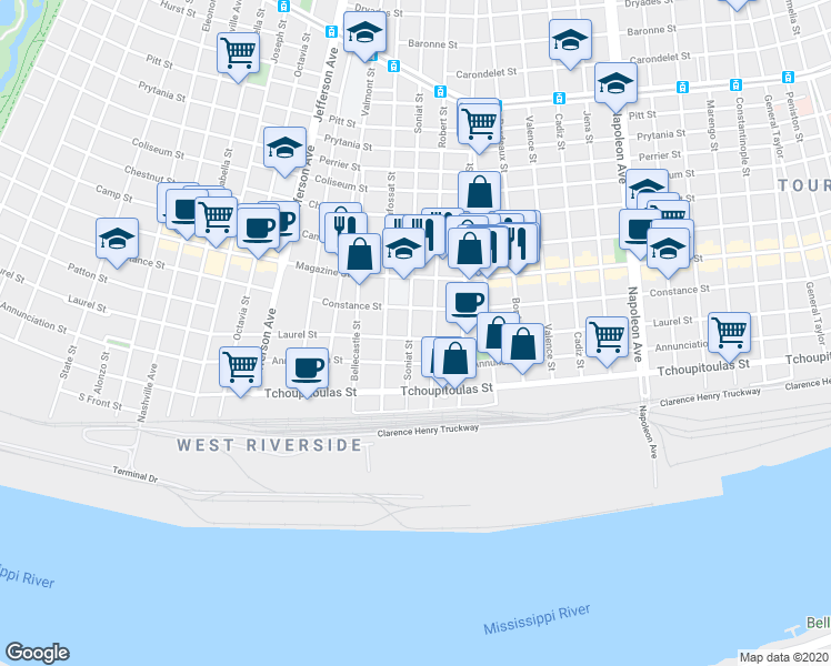 map of restaurants, bars, coffee shops, grocery stores, and more near 5010 Constance Street in New Orleans