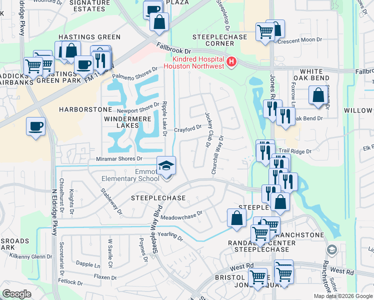 map of restaurants, bars, coffee shops, grocery stores, and more near 11435 Hambleton Way in Houston