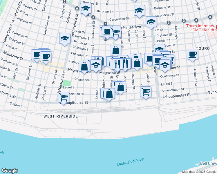 map of restaurants, bars, coffee shops, grocery stores, and more near 735 Upperline Street in New Orleans
