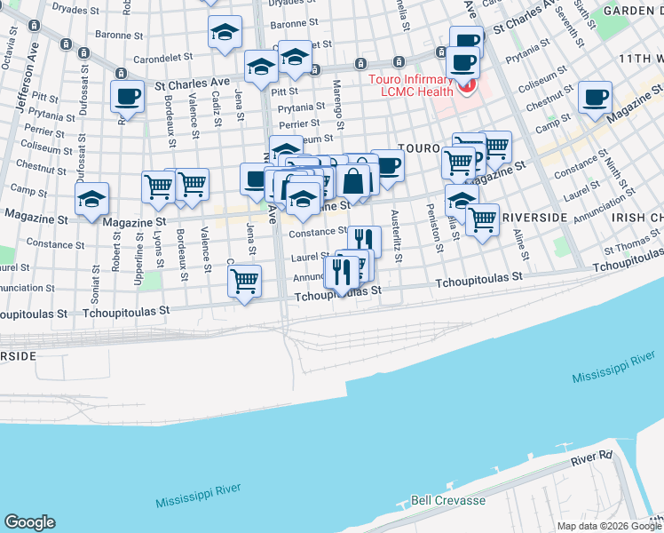map of restaurants, bars, coffee shops, grocery stores, and more near 4207 Laurel Street in New Orleans