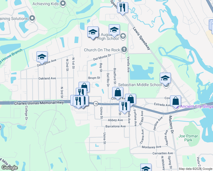map of restaurants, bars, coffee shops, grocery stores, and more near 2900 Del Rio Drive in St. Augustine