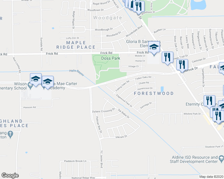 map of restaurants, bars, coffee shops, grocery stores, and more near 12844 Edgewood Park Drive in Houston