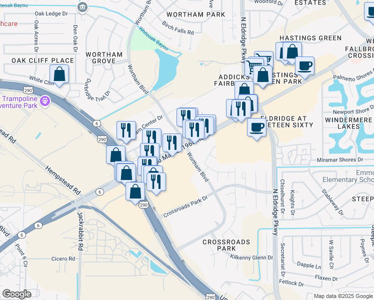 map of restaurants, bars, coffee shops, grocery stores, and more near Wortham Boulevard in Houston