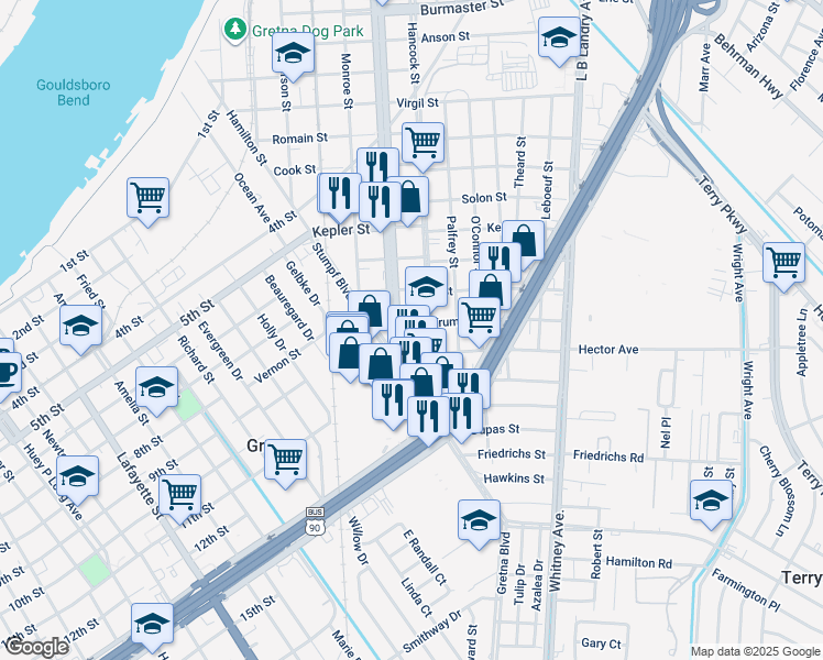 map of restaurants, bars, coffee shops, grocery stores, and more near 2001 Hancock Street in Gretna