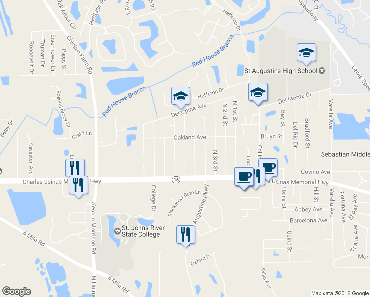 map of restaurants, bars, coffee shops, grocery stores, and more near 2870 North 6th Street in St. Augustine