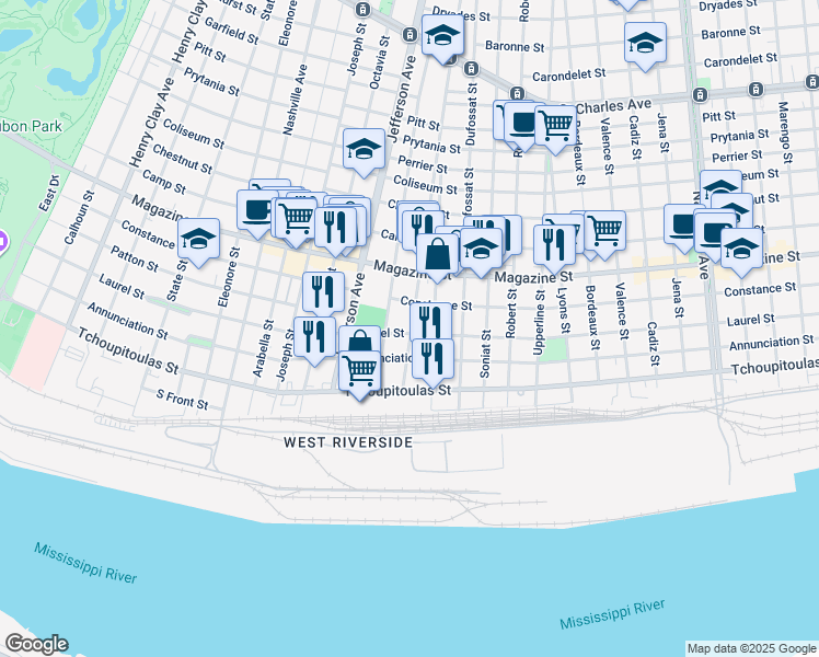 map of restaurants, bars, coffee shops, grocery stores, and more near 5301 Laurel Street in New Orleans
