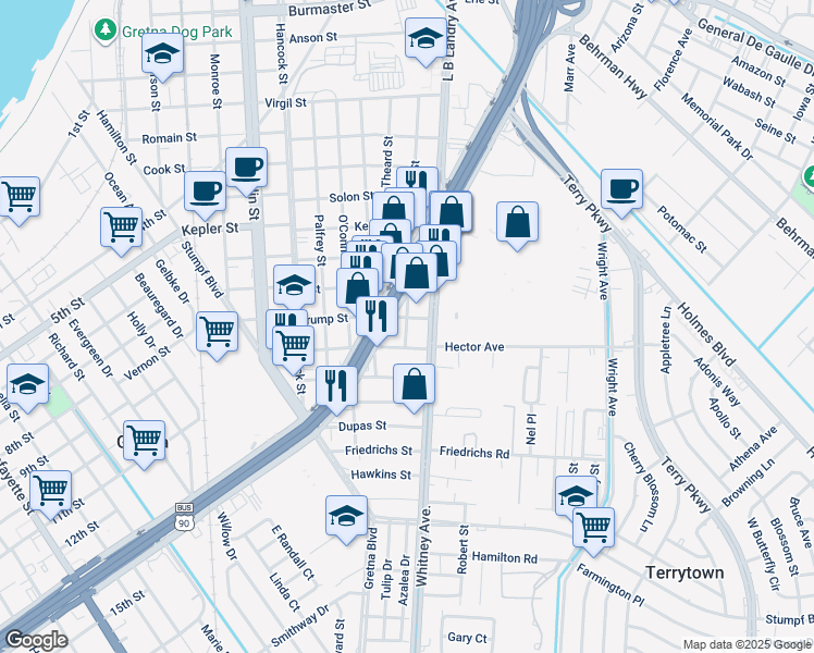map of restaurants, bars, coffee shops, grocery stores, and more near 1307 Van Trump Street in Gretna