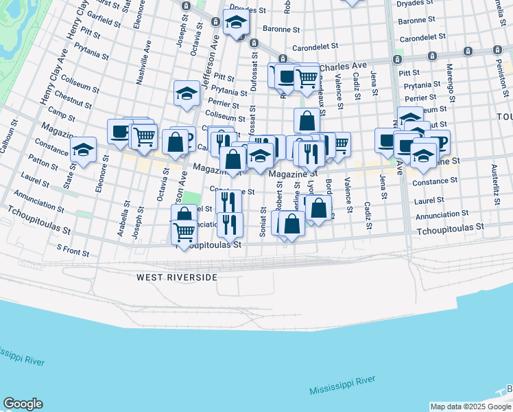 map of restaurants, bars, coffee shops, grocery stores, and more near 727 Dufossat Street in New Orleans