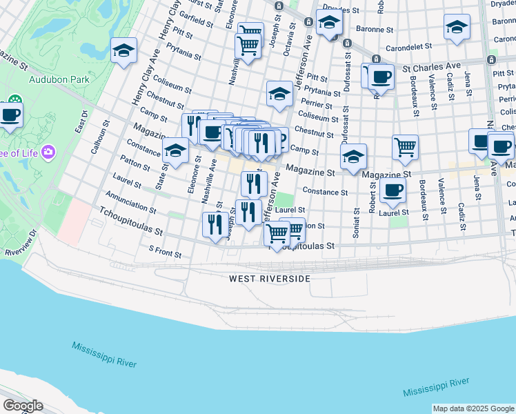 map of restaurants, bars, coffee shops, grocery stores, and more near 520 Octavia Street in New Orleans