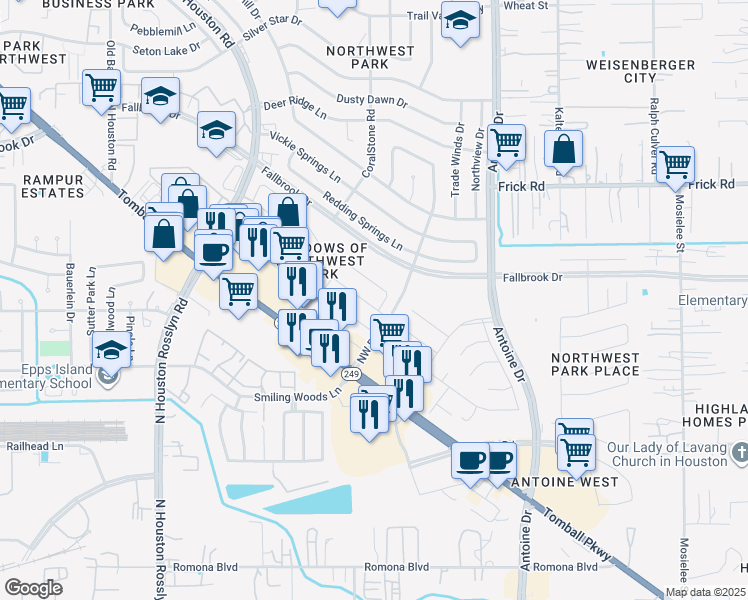 map of restaurants, bars, coffee shops, grocery stores, and more near 6702 Lower Arrow Drive in Houston