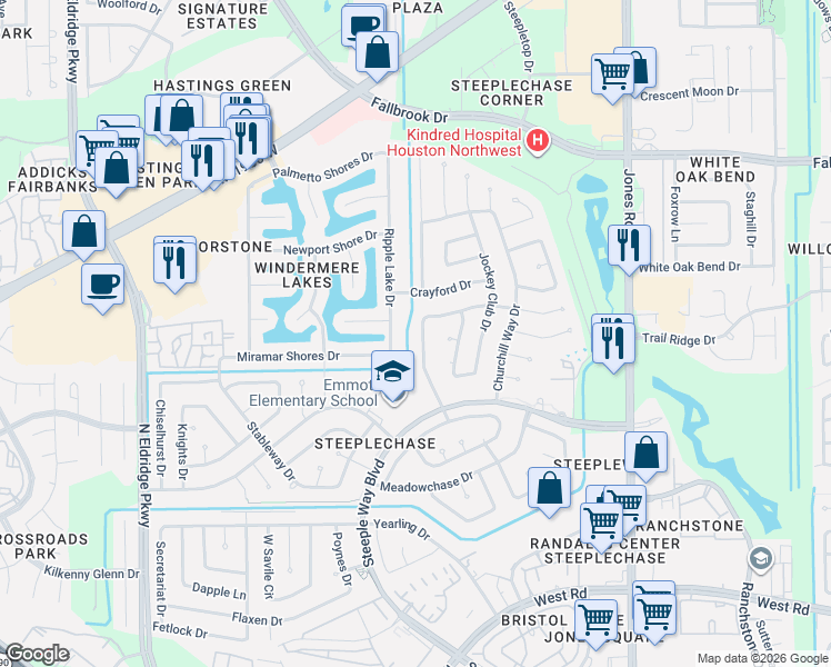 map of restaurants, bars, coffee shops, grocery stores, and more near 10002 Ripple Lake Drive in Houston