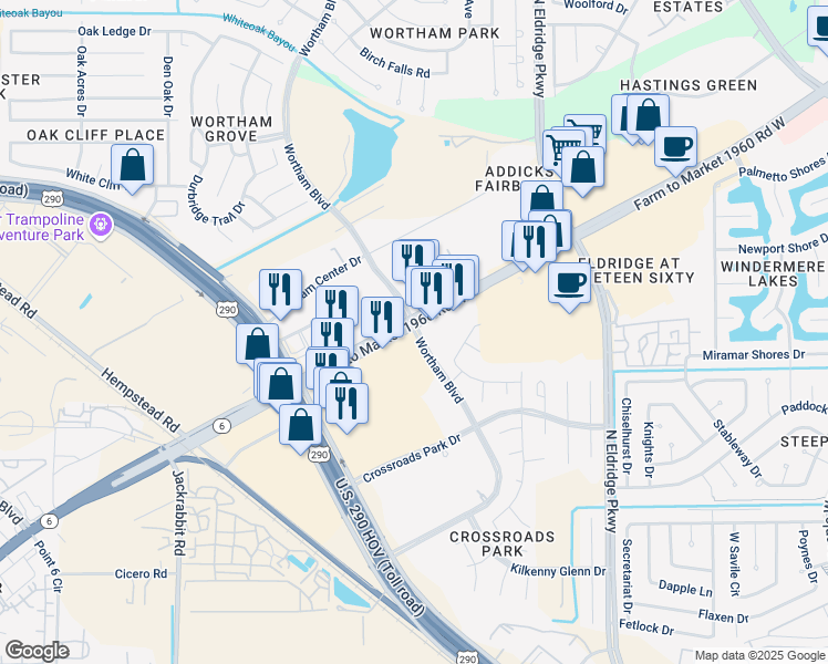 map of restaurants, bars, coffee shops, grocery stores, and more near 13004 Farm to Market 1960 Road West in Houston