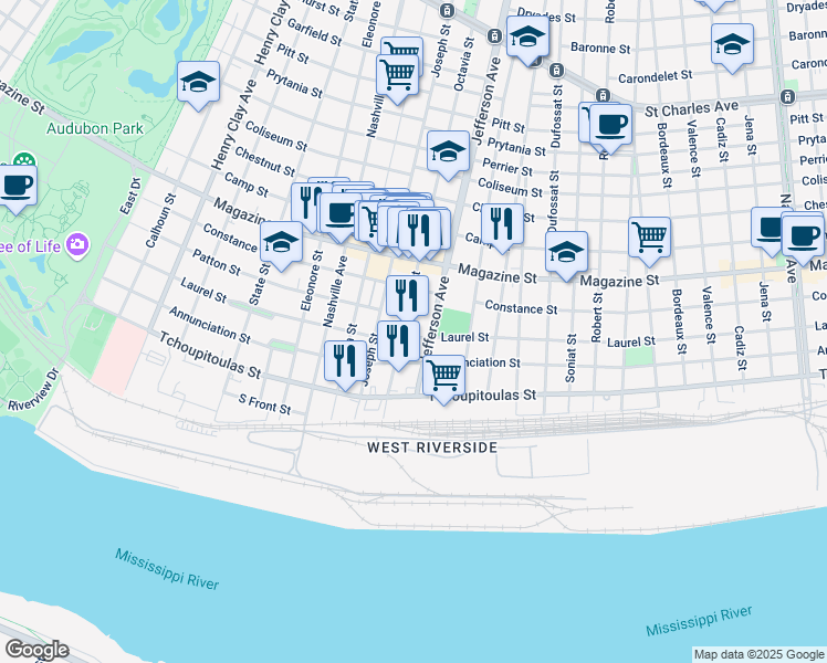 map of restaurants, bars, coffee shops, grocery stores, and more near 520 Octavia Street in New Orleans