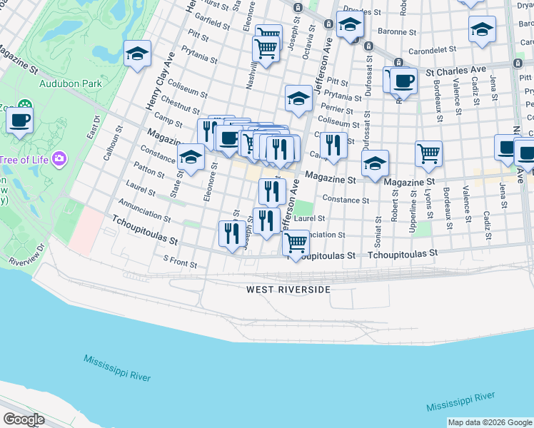 map of restaurants, bars, coffee shops, grocery stores, and more near 520 Octavia Street in New Orleans