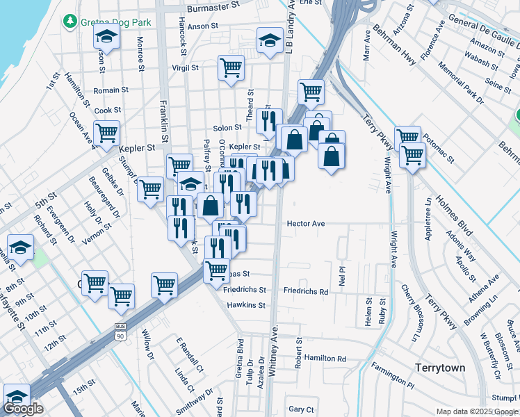 map of restaurants, bars, coffee shops, grocery stores, and more near 1307 Van Trump Street in Gretna