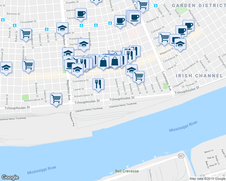 map of restaurants, bars, coffee shops, grocery stores, and more near 620 General Taylor in New Orleans