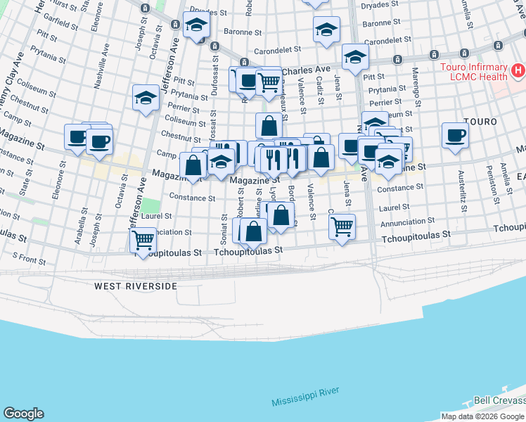map of restaurants, bars, coffee shops, grocery stores, and more near 735 Upperline Street in New Orleans