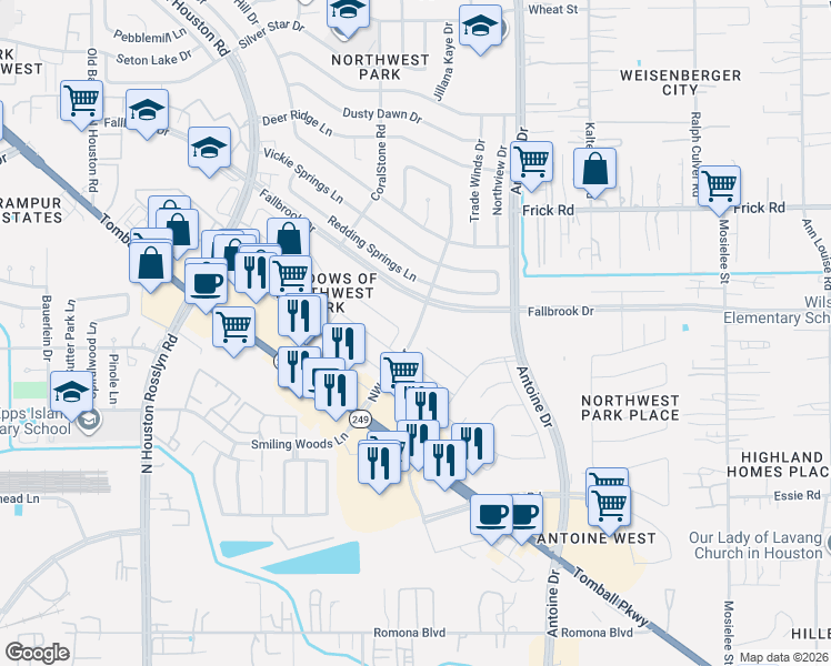 map of restaurants, bars, coffee shops, grocery stores, and more near 9822 Revelstoke Drive in Houston