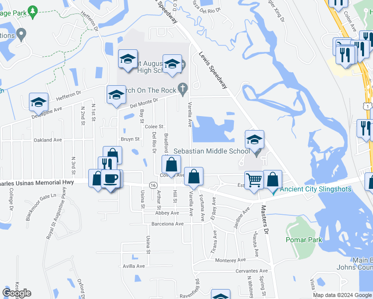 map of restaurants, bars, coffee shops, grocery stores, and more near 2901 Varella Avenue in St. Augustine