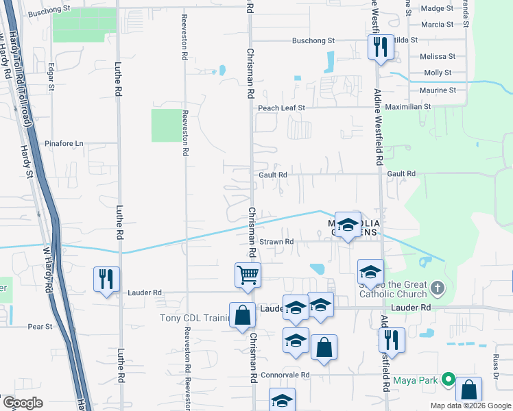 map of restaurants, bars, coffee shops, grocery stores, and more near 13938 Chrisman Road in Houston
