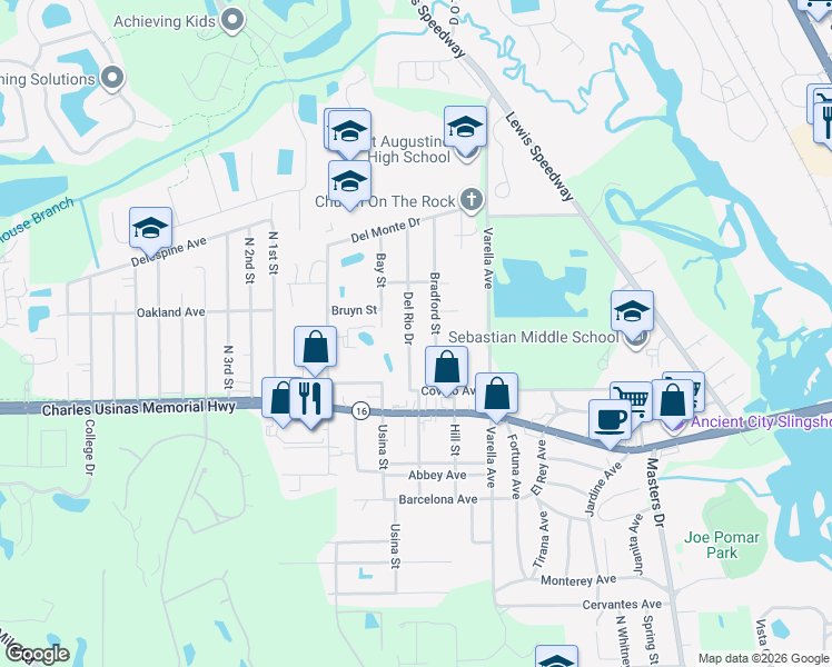 map of restaurants, bars, coffee shops, grocery stores, and more near 2900 Del Rio Drive in St. Augustine