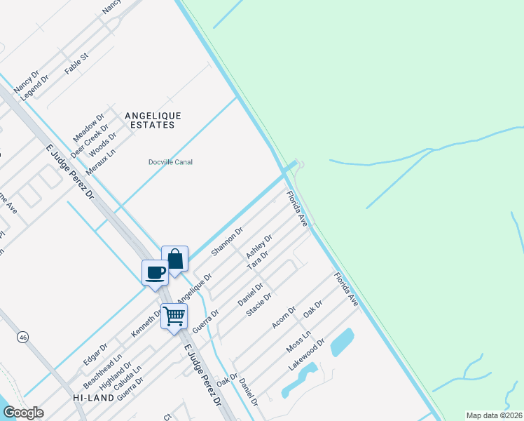 map of restaurants, bars, coffee shops, grocery stores, and more near 3320 Shannon Drive in Violet