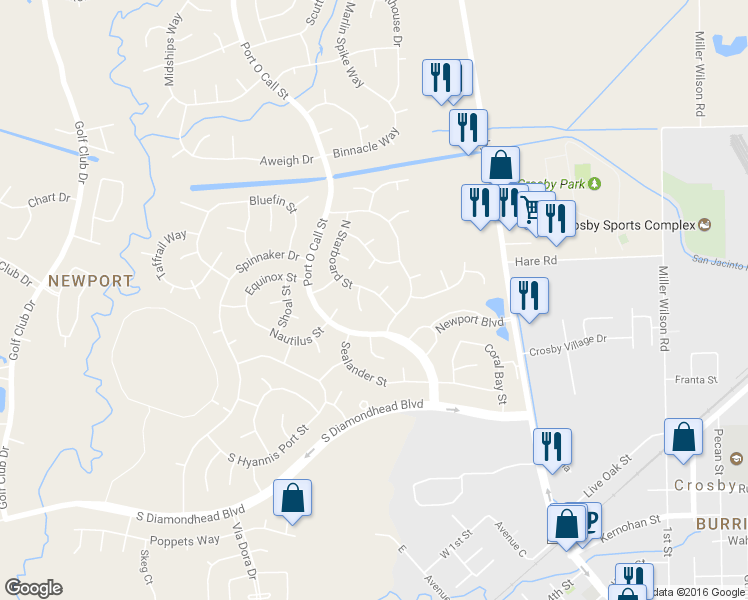 map of restaurants, bars, coffee shops, grocery stores, and more near 415 South Starboard Street in Crosby