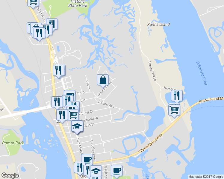 map of restaurants, bars, coffee shops, grocery stores, and more near 26 Beacon Street in St. Augustine