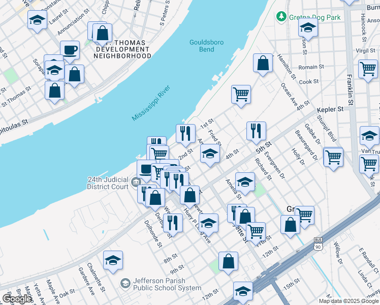 map of restaurants, bars, coffee shops, grocery stores, and more near 205 Lafayette Street in Gretna
