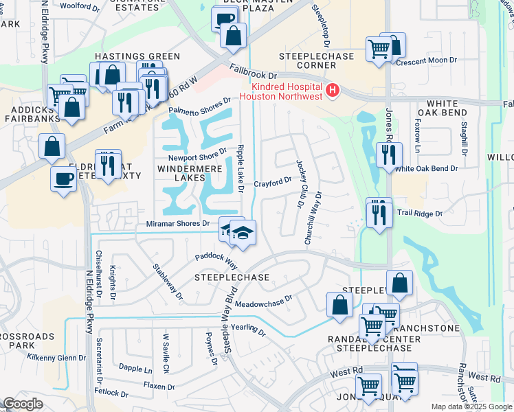 map of restaurants, bars, coffee shops, grocery stores, and more near 10002 Ripple Lake Drive in Houston