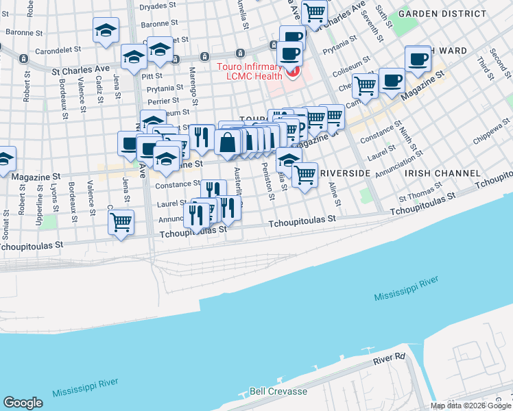 map of restaurants, bars, coffee shops, grocery stores, and more near 620 General Taylor in New Orleans