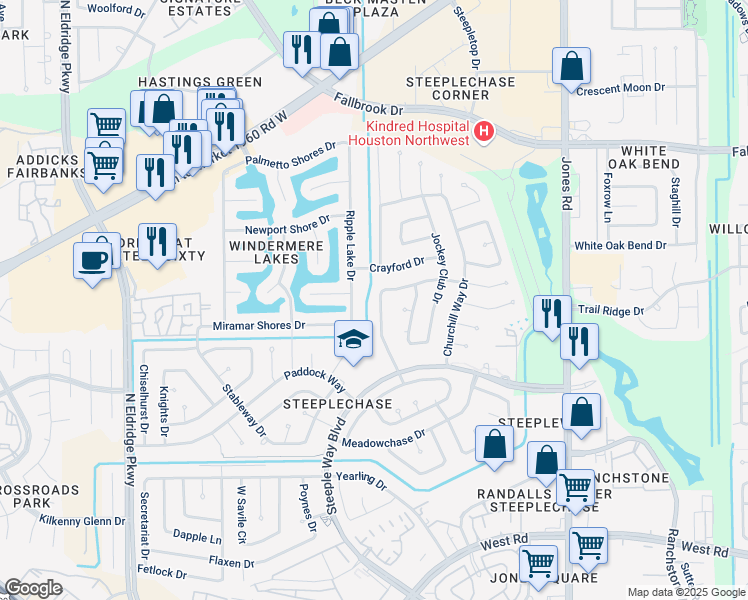 map of restaurants, bars, coffee shops, grocery stores, and more near 10002 Ripple Lake Drive in Houston