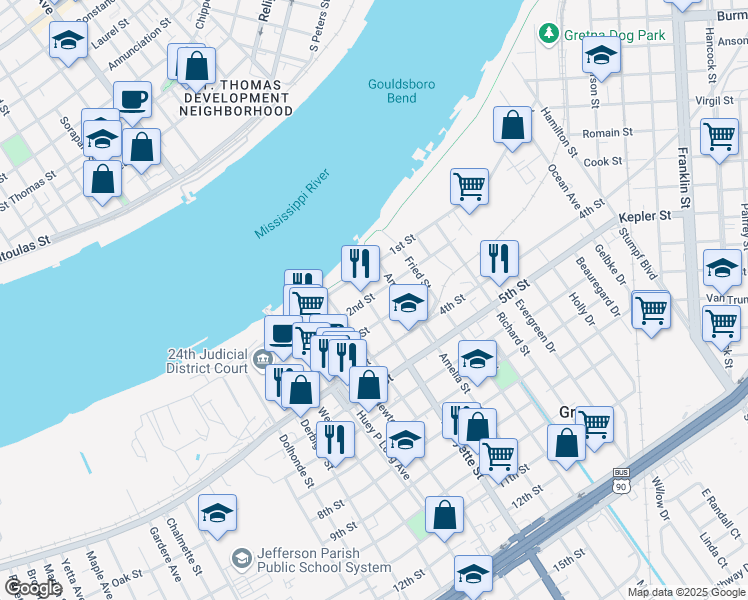 map of restaurants, bars, coffee shops, grocery stores, and more near 205 Lafayette Street in Gretna
