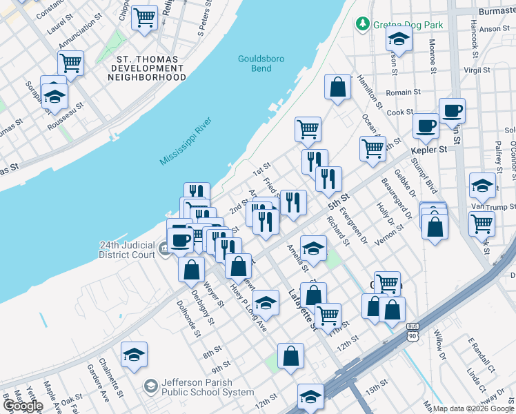 map of restaurants, bars, coffee shops, grocery stores, and more near 229 Amelia Street in Gretna