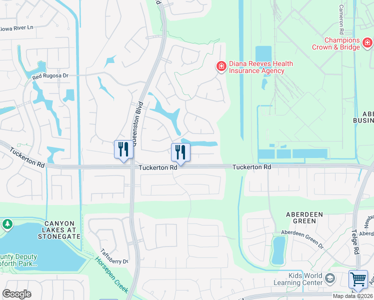 map of restaurants, bars, coffee shops, grocery stores, and more near 16310 Pinon Vista Drive in Houston