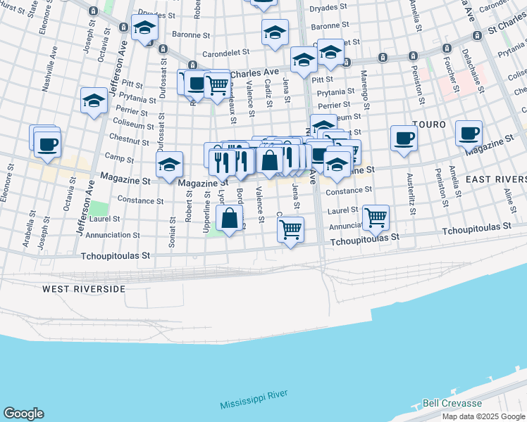 map of restaurants, bars, coffee shops, grocery stores, and more near 715 Valence Street in New Orleans