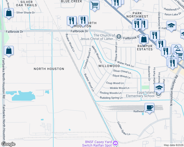 map of restaurants, bars, coffee shops, grocery stores, and more near 7806 Whispering Wood Lane in Houston
