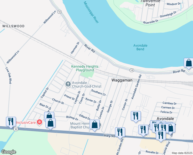 map of restaurants, bars, coffee shops, grocery stores, and more near 128 Deacon Street in Westwego