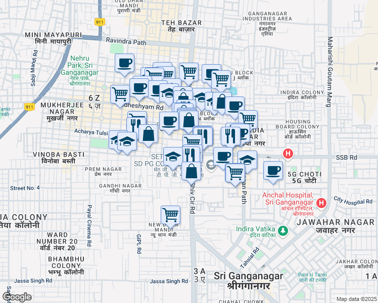 map of restaurants, bars, coffee shops, grocery stores, and more near Sukhadia Circle in Sri Ganganagar